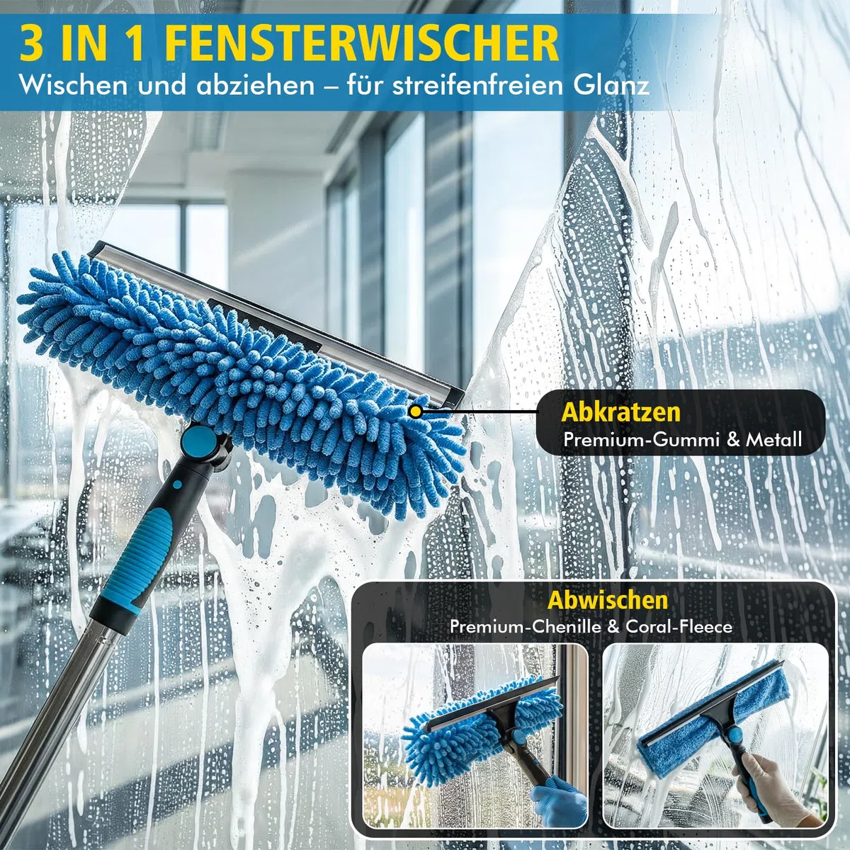 2M Fensterreiniger Set mit 400ml Glasreiniger, 2-in-1 Fensterreiniger & Fensterabzieher mit Teleskopstiel, Profi Fensterputzer Set Hocheffiziente Streifenfreie Reinigung für Fenster, Dusche, Spiegel