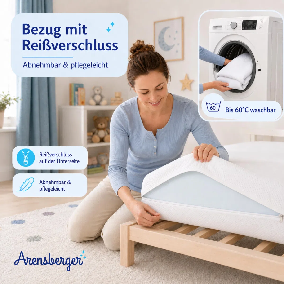 Arensberger Kindermatratze Babymatratze Nora | 60x120cm Höhe 12cm | Bezug waschbar & abnehmbar | punktelastischer Gelschaum | Jugend-matratze, allergiker freundlich Premium Bezug | Öko-Tex zertifizert