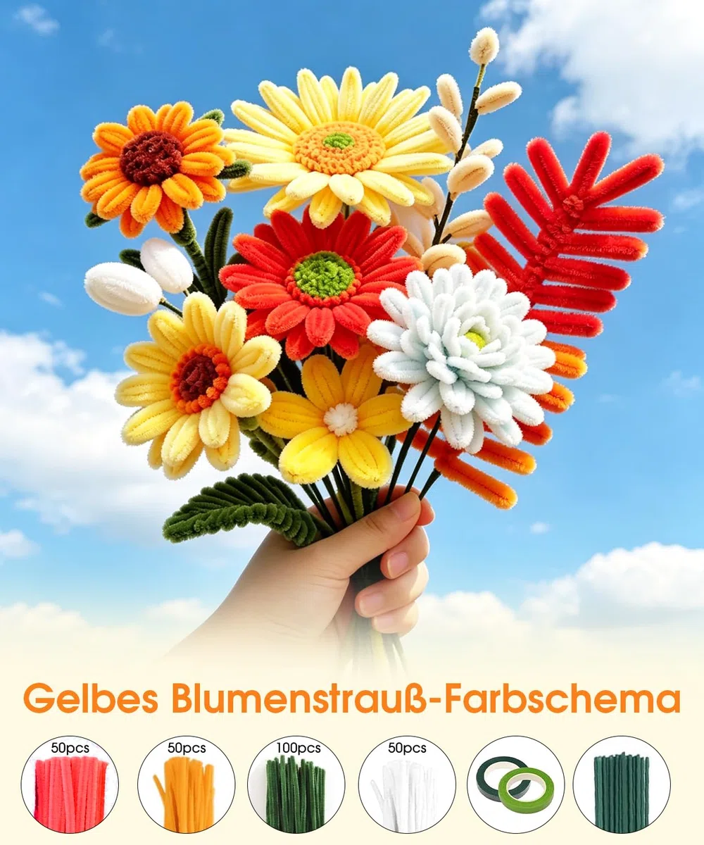 550 Stück Pfeifenreiniger Blumen Set, 9 Farben Pfeifenputzer zum Basteln mit Schleifenband, Klebeband, Staubblätter, Blumendraht, Blumenpapier, Anleitung & Video-Tutorial für Kreative DIY