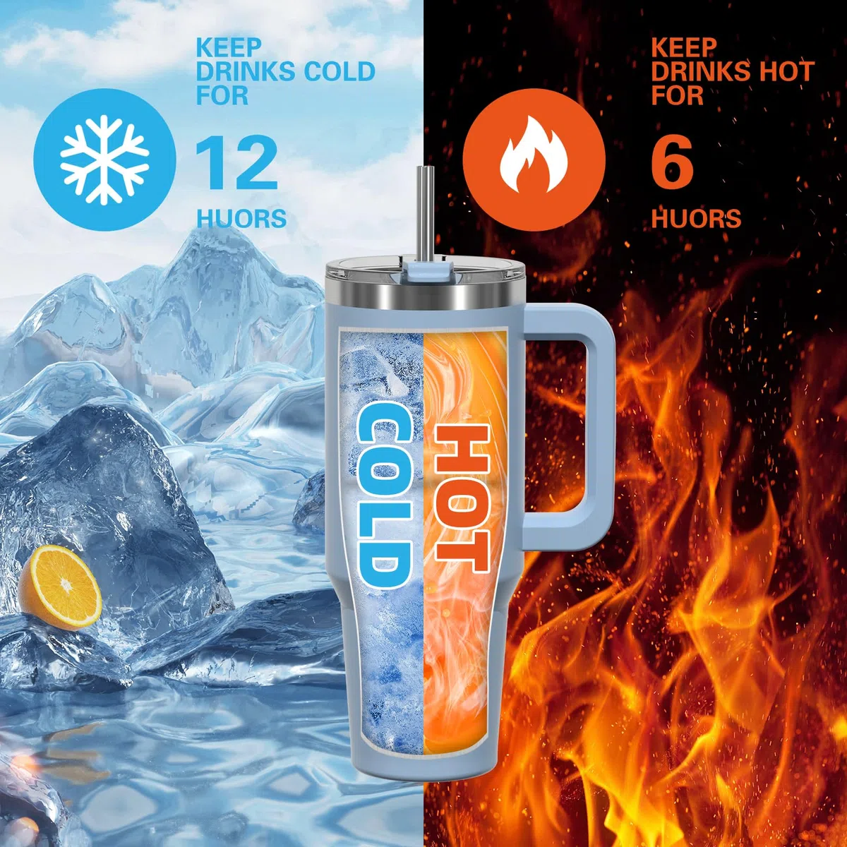 WATERSY 40oz Kaffeebecher to Go Thermobecher Doppelwandiger Edelstahl Vakuum Auslaufsicher Trinkbecher mit Griff und Strohhalm, Tragbare Autobecher Thermal Tumbler Smogblau für Kalte Heiße Getränke