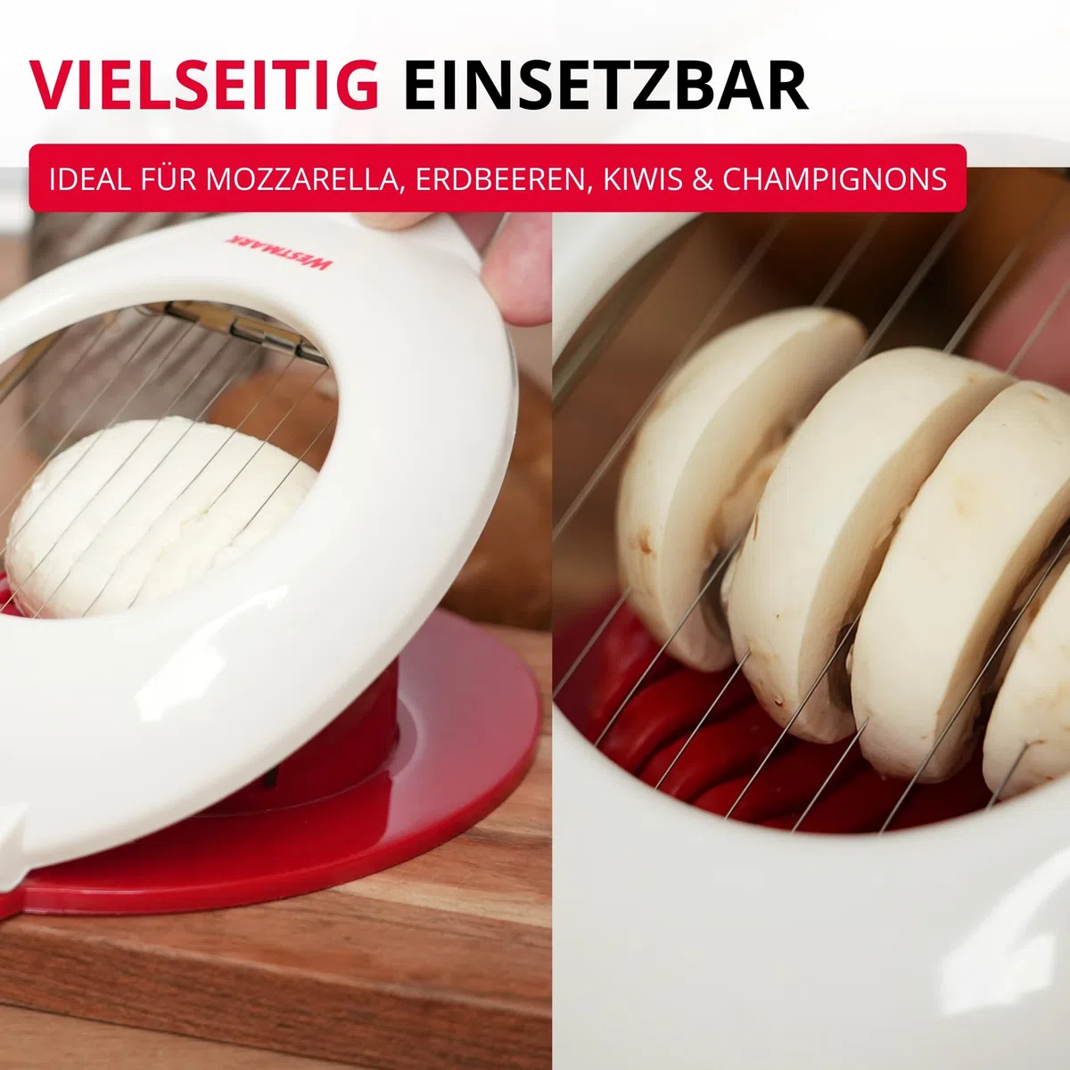 Westmark Mozzarellaschneider/-teiler, einzeln gespannte Schneiddrähte aus Edelstahl, Kunststoff/Rostfreier Edelstahl, Caprese, Rot/Weiß, 11642260, 17 x 13 x 3.1 cm