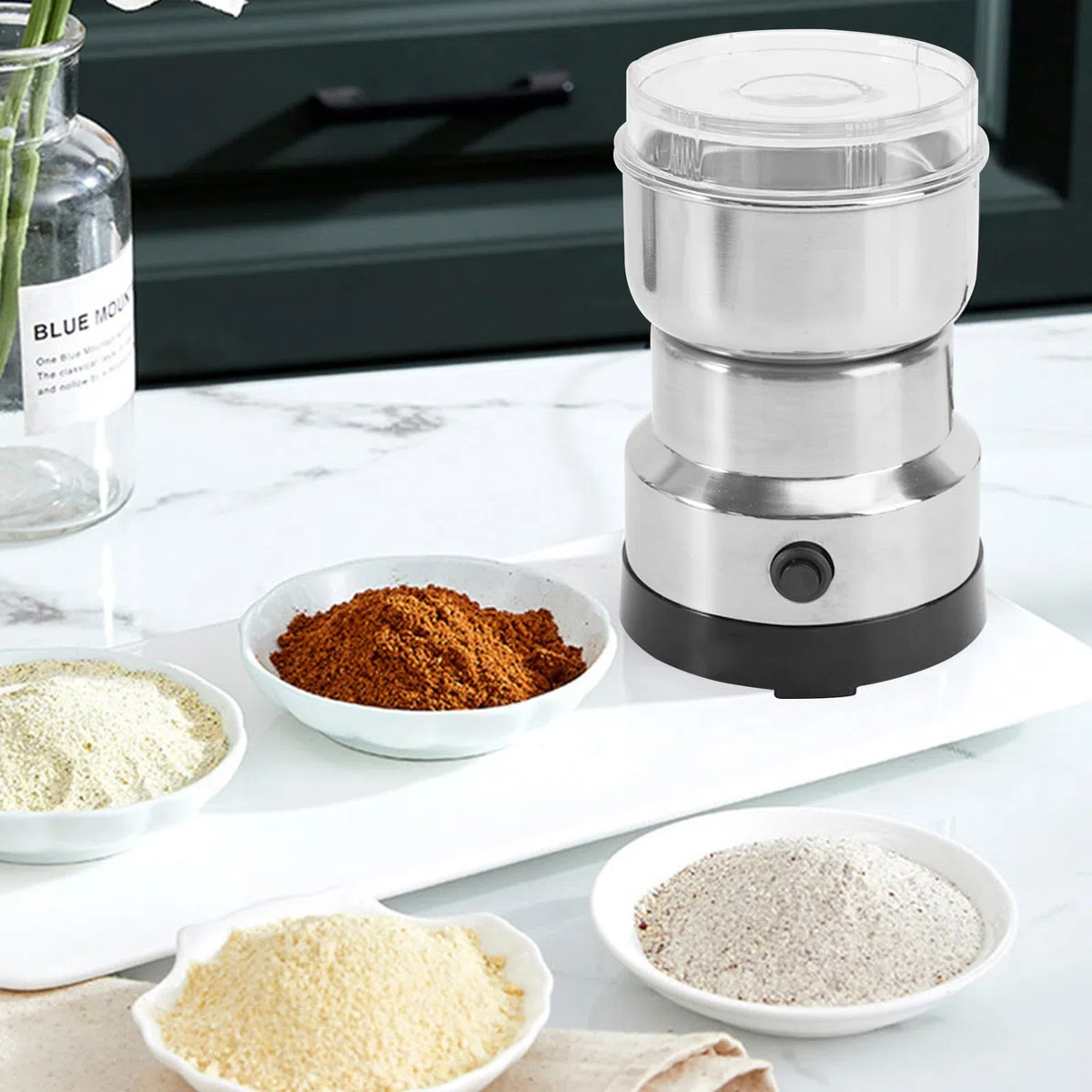 Elektrische Gewürz und Kaffee Mühle, Kaffeemühle Elektrisch, Getreide Mühle mit Edelstahlmesser, Transparenter Deckel, Elektrische Kaffeemühle aus Edelstahl für Kaffeebohnen, Nüsse, Korn, Gewürze