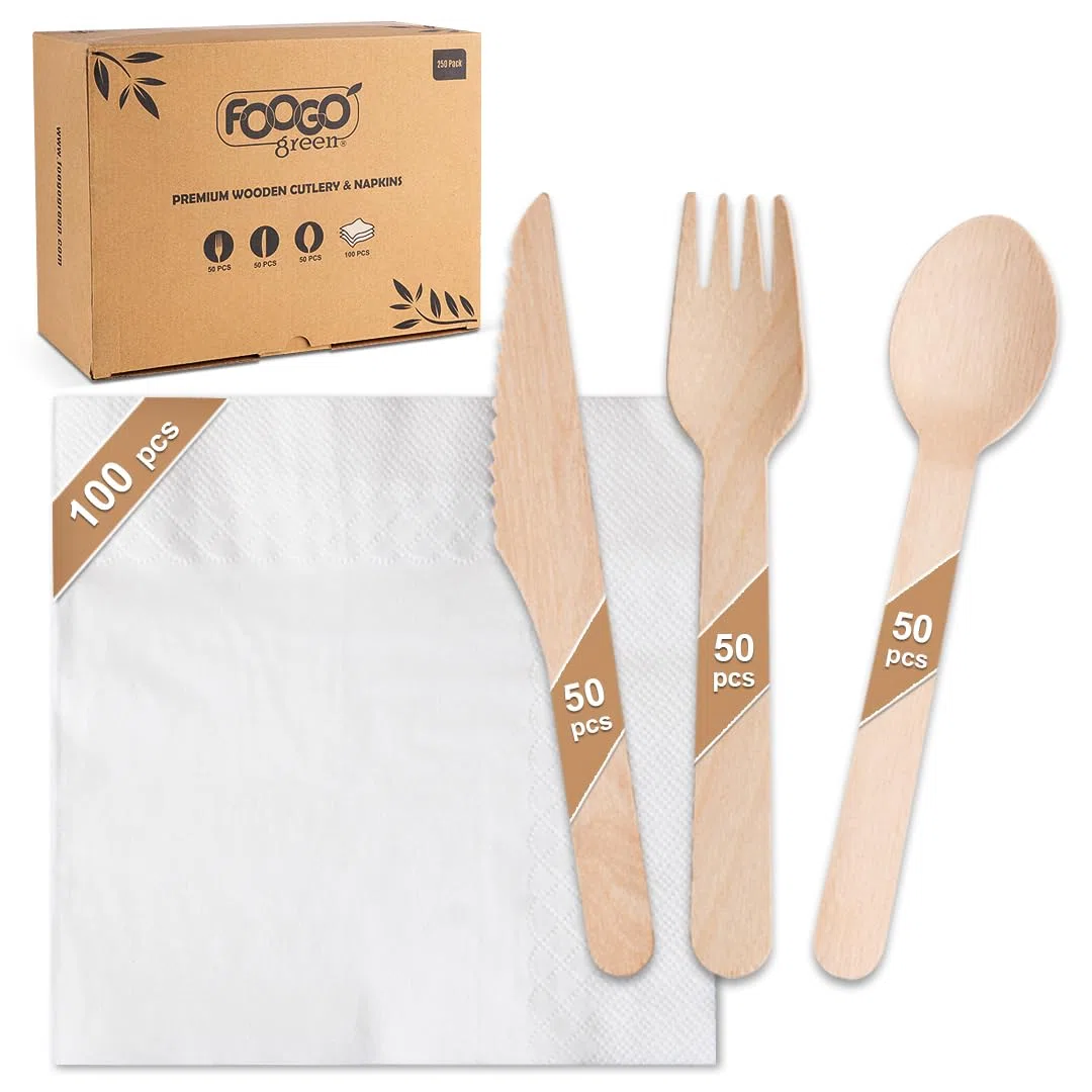 FOOGO Green 250 Stück Einweg-Holzbesteck und weiße Servietten, 50 x Gabeln, 50 x Messer, 50 x Löffel, 100 x braune Servietten, 2-lagige starke Papierservietten, umweltfreundliches Besteck-Set,