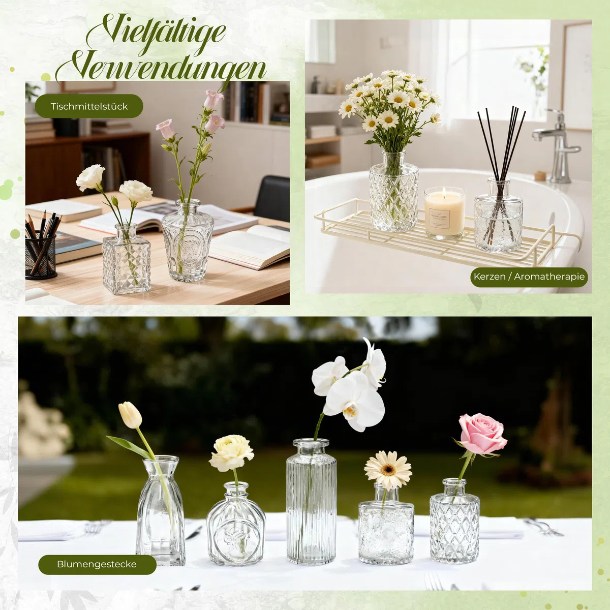 Der Rose 12 Stück Kleine Vasen Glasvasen für Tischdeko Mini Vintage Vasen Set für Hochzeitsdeko Party Deko Geschenk