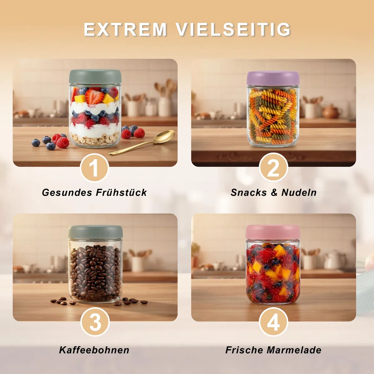 4 Stück Overnight Oats Gläser 500ml mit Deckel, Joghurtbecher To Go aus Glas, Meal Prep Vorratsgläser für Müsli Marmelade und Pudding, Inklusive 2 Löffel, 4 Farben