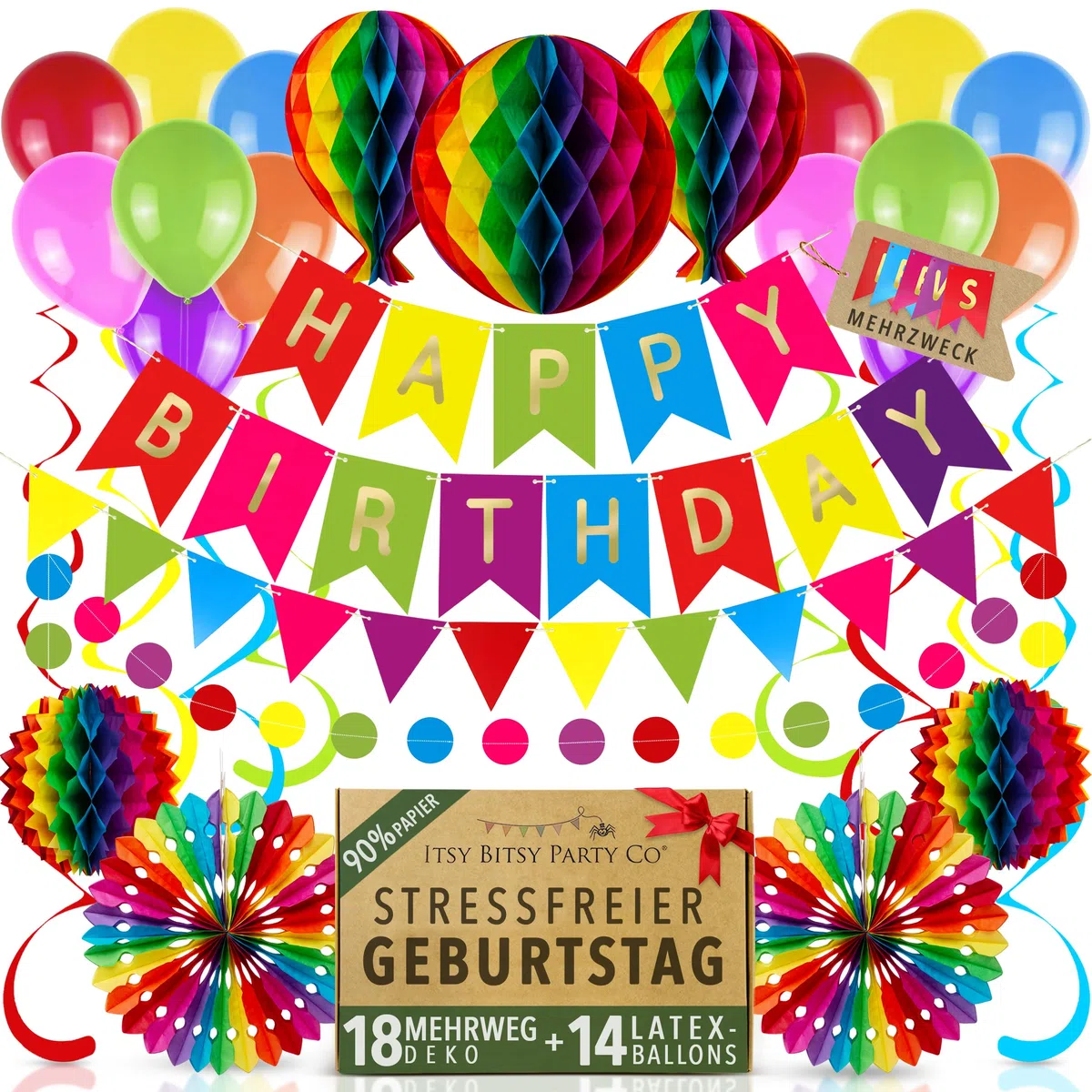 Premium Wiederverwendbare Geburtstagsdeko - Deko Geburtstag / Party Deko - Luftballons, Happy Birthday Girlande, Wimpelkette Geburtstag, Wabenbälle - Happy Birthday Deko (Regenbogen + Ballons)