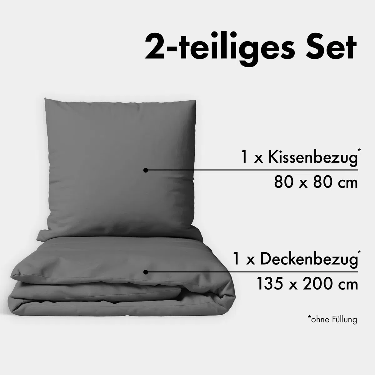 JACOBSON Bettwäsche 135x200 Set - 100% Baumwolle Bettbezug 135x200 cm + 1 Kissenbezug 80x80 cm, Perkal Bettwäsche 2-teilig mit Reißverschluss (135x200cm, Anthrazit, 2-teilig)