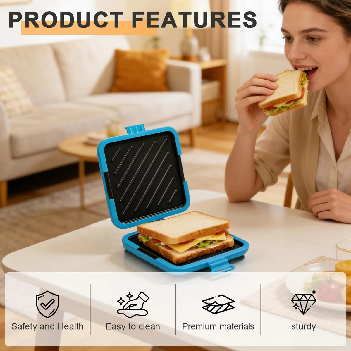 Sandwichmaker Mikrowellen, Silikon Sandwichtoaster 16 x 16 cm, Kontaktgrill Abnehmbare Platten und Silikonschale, Plattengriller zum Bacon Sandwich Panini Grillen Toastie (Blau)