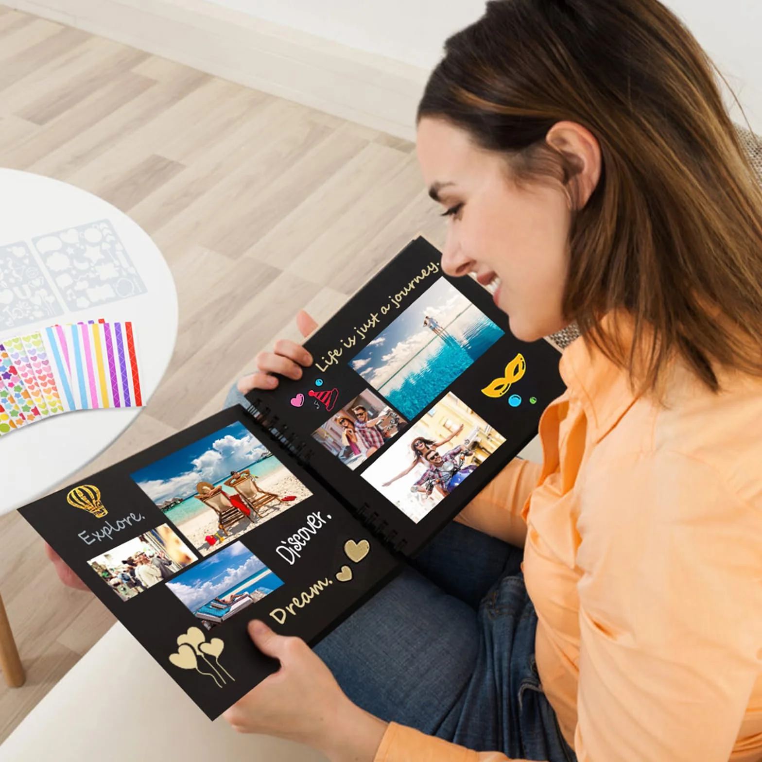 Fotoalbum zum Selbstgestalten 30x21 cm, Fotobuch zum Selbstgestalten mit 80 Schwarze Seiten, Platz für 160 Fotos, DIY Groß Zum Einkleben Scrapbook Set für Jahrestag Valentinstag mit Protektkegeln