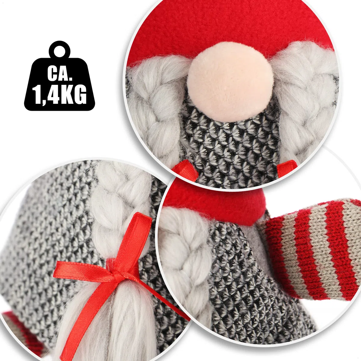com-four® Wichtel Zwerg mit roter Zipfelmütze 40 cm - 1,4 kg schwerer Türstopper - Weihnachtsdeko Figur im nordischen Design - Kantenhocker, Buchstütze (Wichtel - rote Mütze grauer Zopf)
