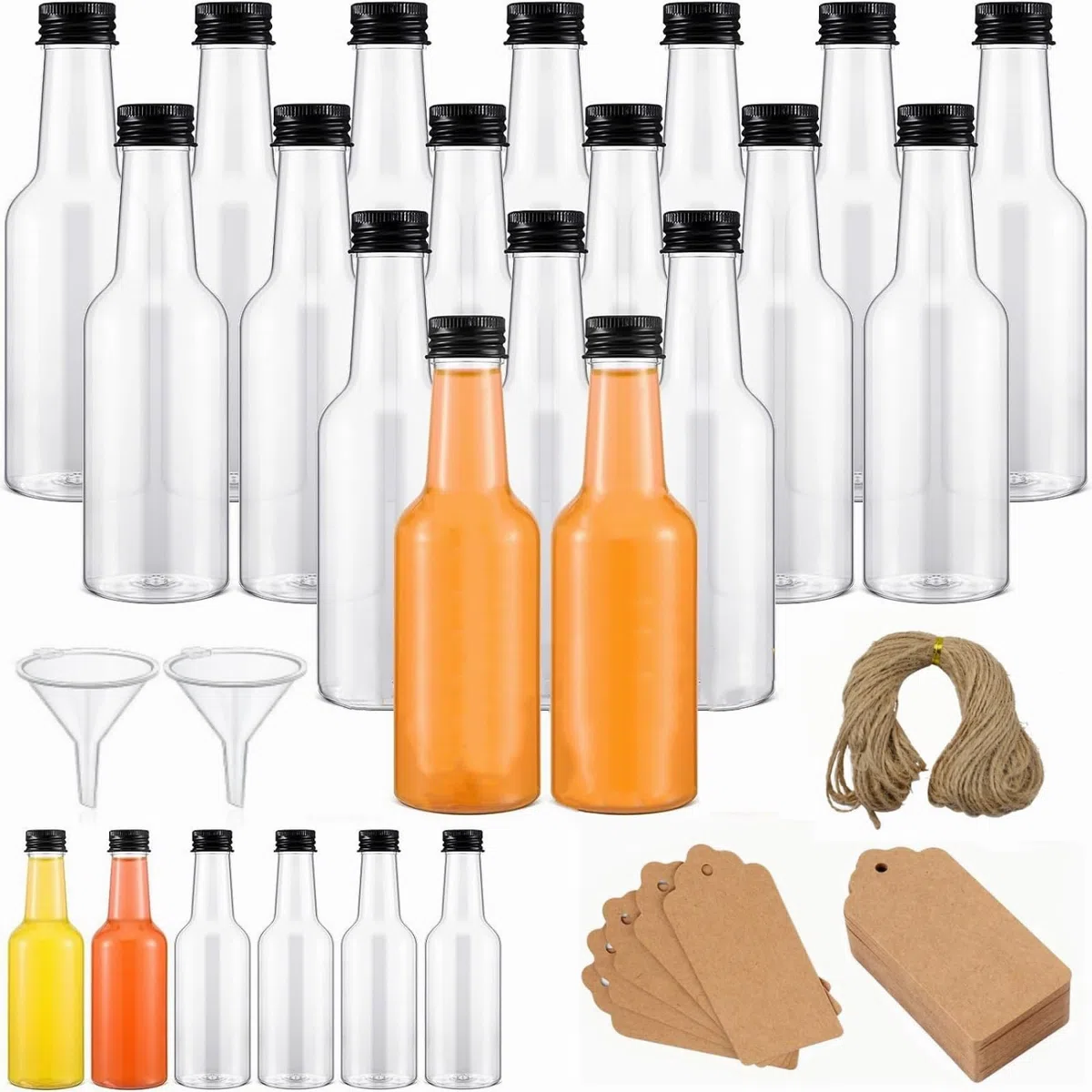 Mini Fläschchen Kunststoff Likörflaschen 24 Stück 100ml Kleine Schnapsflaschen mit Schraubverschlüssen Trichter Kraftpapieretikett Plastik Fläschchen Mini-Weinflaschen für Hochzeiten Party