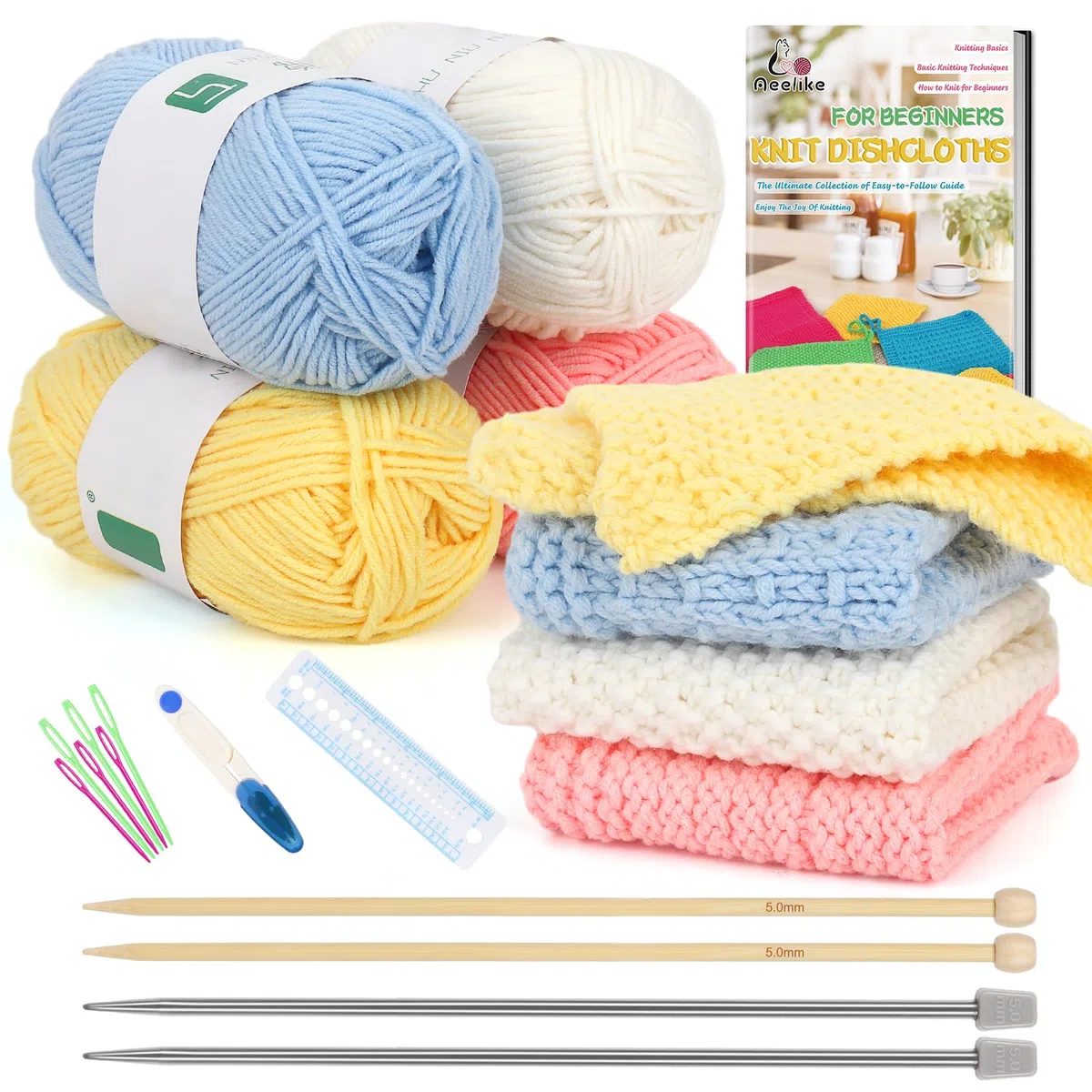 Aeelike 4 Muster Strickset für Anfänger, Strick Lumpen Set mit Stricknadeln 5,0mm, 5Ply Strickgarn, Zubehör, Praktisch und schön Lappen Strickset mit Anleitung, Strickn für Anfänger Profis Set Hell