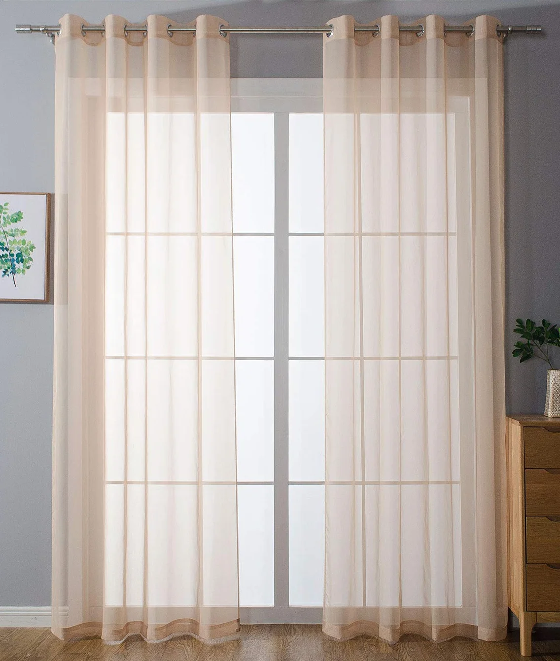 Gardinenbox 2er-Pack Ösen Gardinen Transparent Vorhang Set Wohnzimmer Voile Ösenvorhang Bleibandabschluß HxB 225x140 cm Sand, 203322