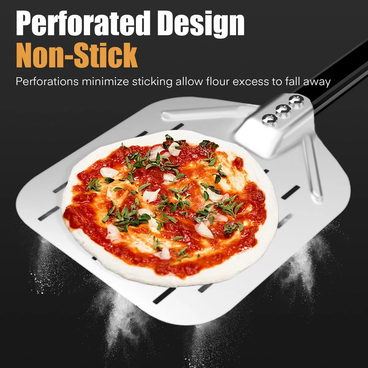 4tlg Pizza Schieber Set, 12 Zoll Pizzaschieber Perforiert + 9 Zoll Pizzaschaufel aus Alulegierung + Profi Pizzaschneider + Pizzaofen Bürste aus Naturborsten, Pizzawender mit 40cm abnehmbarem Griff