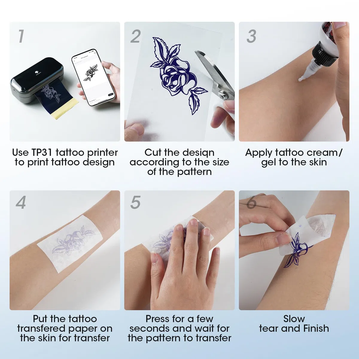 Phomemo TP31 Tattoo Transferpapier 100 Blätter, Tattoo Stencil Papier Kompatibel mit TP31 TP32 Tattoo Drucker, 80 * 133 mm (3.15" x 5.24") Size