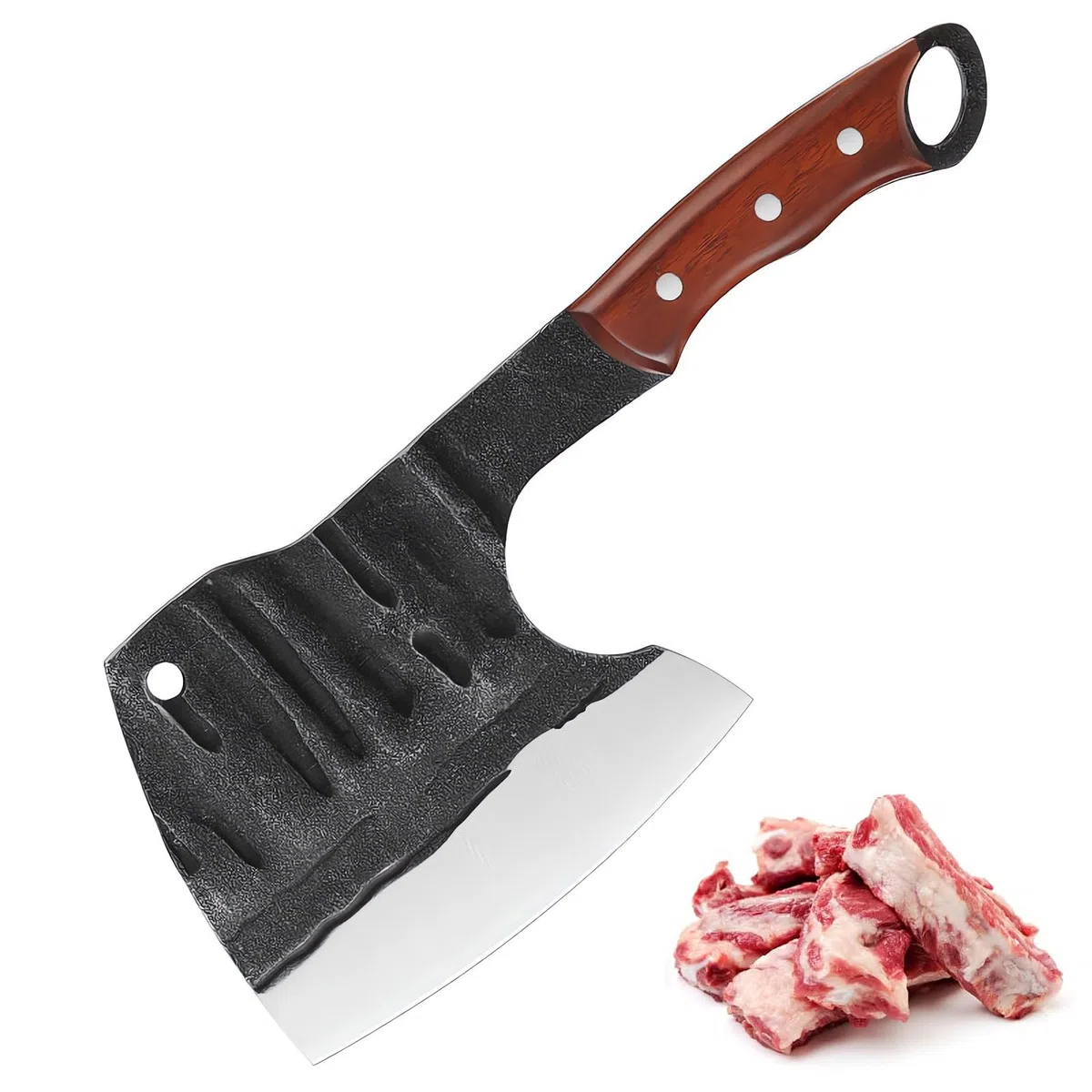 Profi-Küchenbeil mit Holzgriff, Full Tang Küchenbeil mit Lederscheide, Scharfes Metzgermesser aus hochwertigem Kohlenstoffstahl, Hackmesser für Knochen,Messer Outdoor Schwerstarbeit