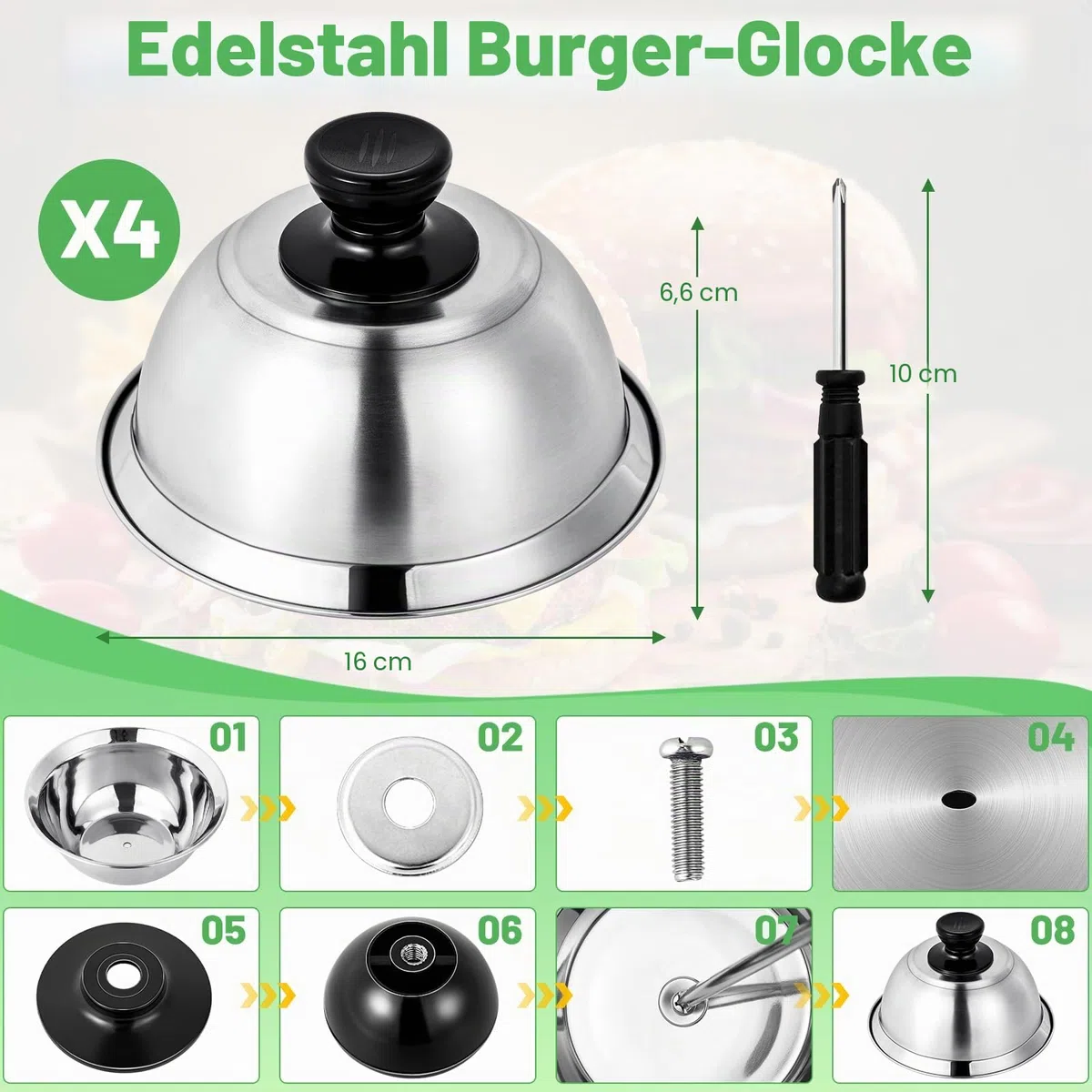 4 Stück Burgerglocke Edelstahl Burgercover, 16x6.7cm Grill Deckel, Burgerhauben Schmelzglocke Burger Glocke für Küche, Steak, Grill, Cheeseburger, Innen & Außen (mit Schraubenzieher)
