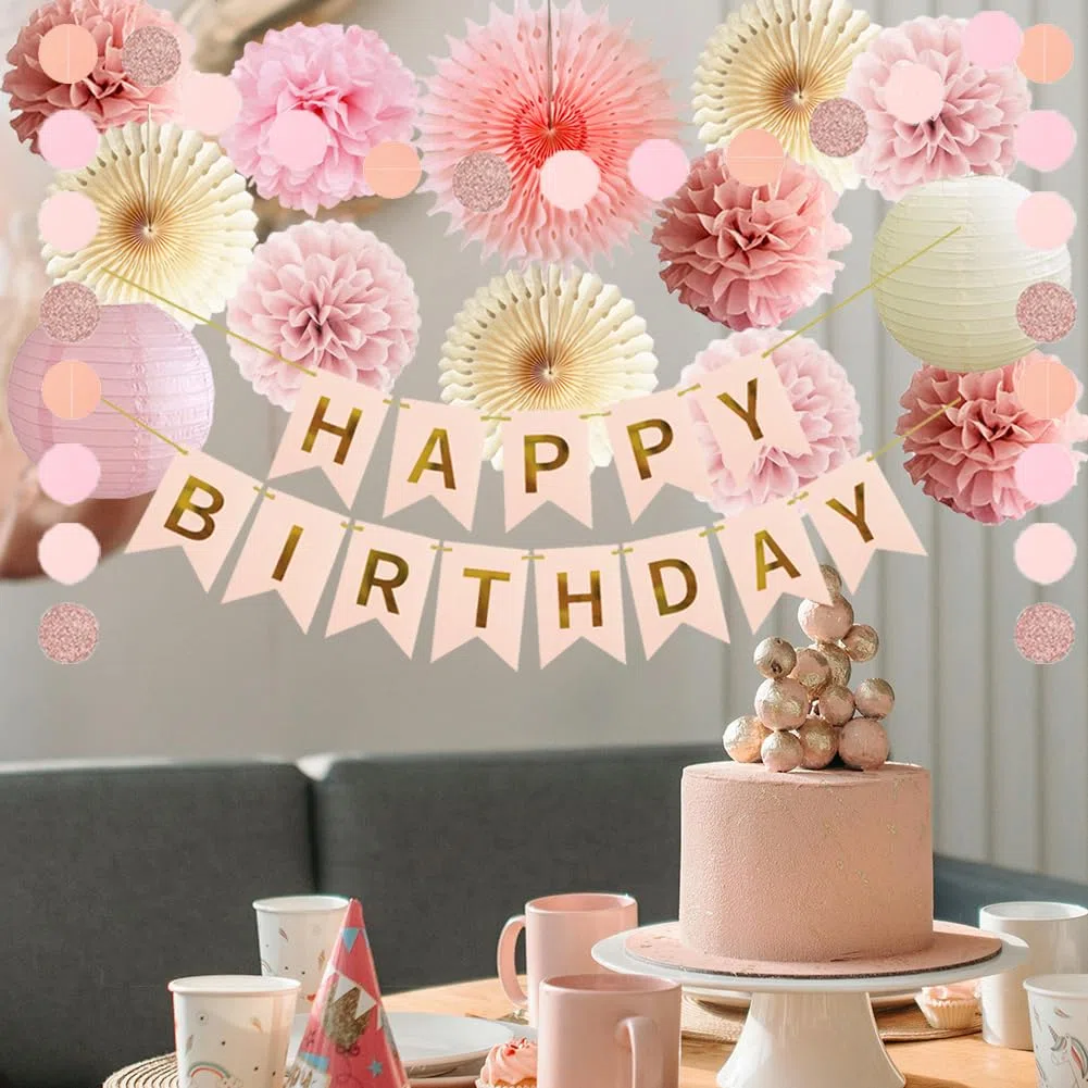 Geburtstagsdeko Beige Rosa Boho Geburtstag Party Deko Mädchen Frauen Seidenpapier Pom Poms Happy Birthday Girlande Boho Rosa Beige Party Deko
