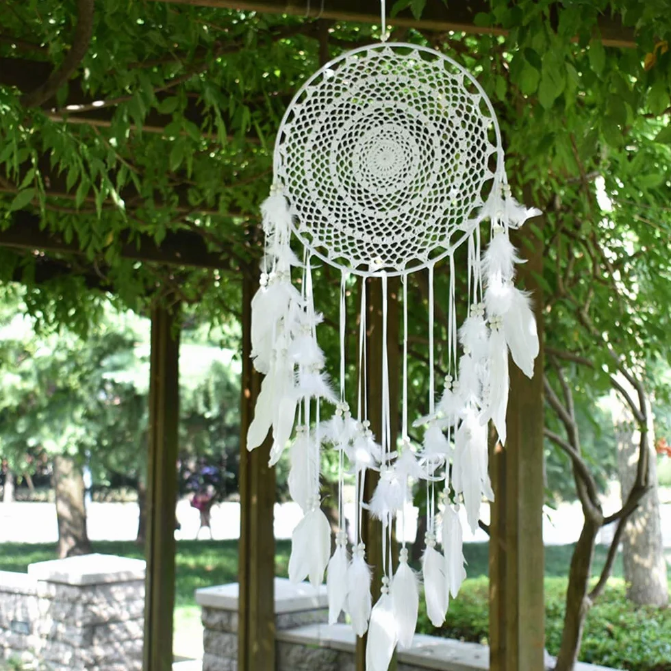 großer Traumfänger im Boho-Stil, mit weißer Feder, Makramee, Wandbehang für Vintage-Hochzeit oder zur Heimdekoration, 35 cm Kreis, 115 cm lang, Weiß