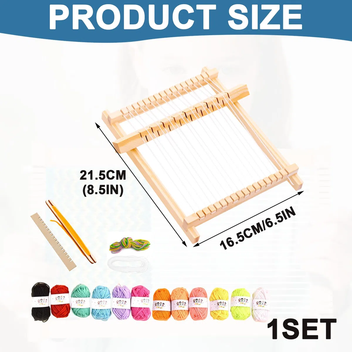 Webrahmen für Kinder mit 12 GarnbüNdeln, 20x17 cm Holz Webstuhl Set mit Farbige Wolle, DIY Holz Webrahmen Set für AnfäNger zum Stricken und Gestalten