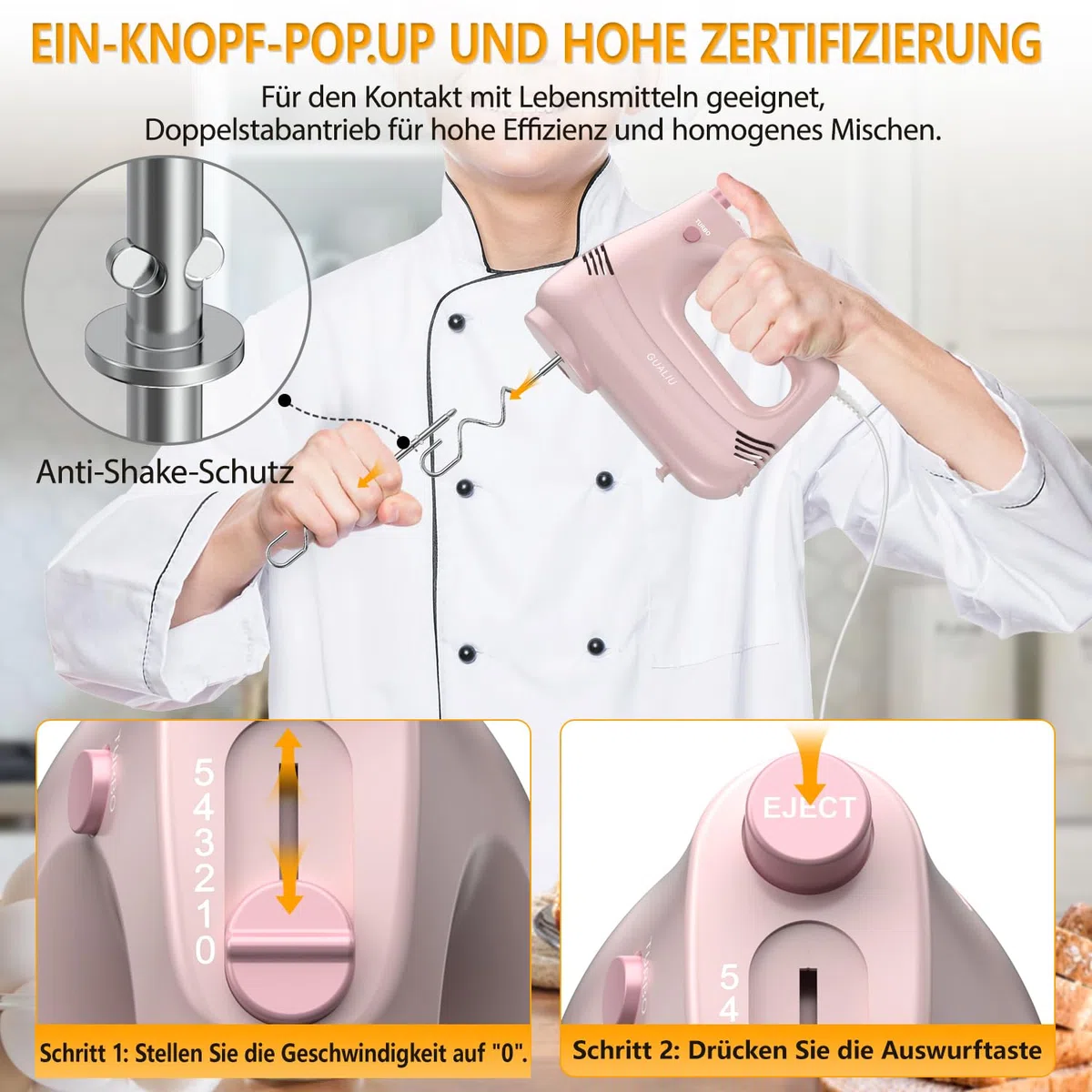Elektrischer Handmixer mit Edelstahl Schneebesen, Knethaken, Elektrische Handrührer,Turbo Boost /5 Geschwindigkeit, Handrührgerät für Backen Kuchen, Eier Sahne Lebensmittel-Mixer (PINK)