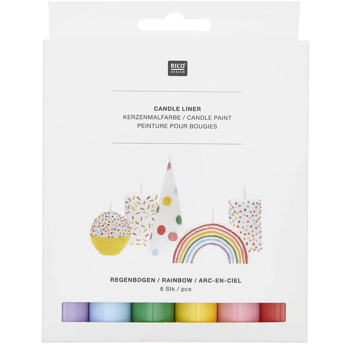Rico Design 6 Stück Kerzen Liner, Kerzenmalfarbe - Kerzenmalkit - Mittelgroß - Erwachsene - Unisex - Tropisch - Ganzjährig - Regenbogen - Acryl - Mehrfarbig - Wachs - Faltbar: Nein