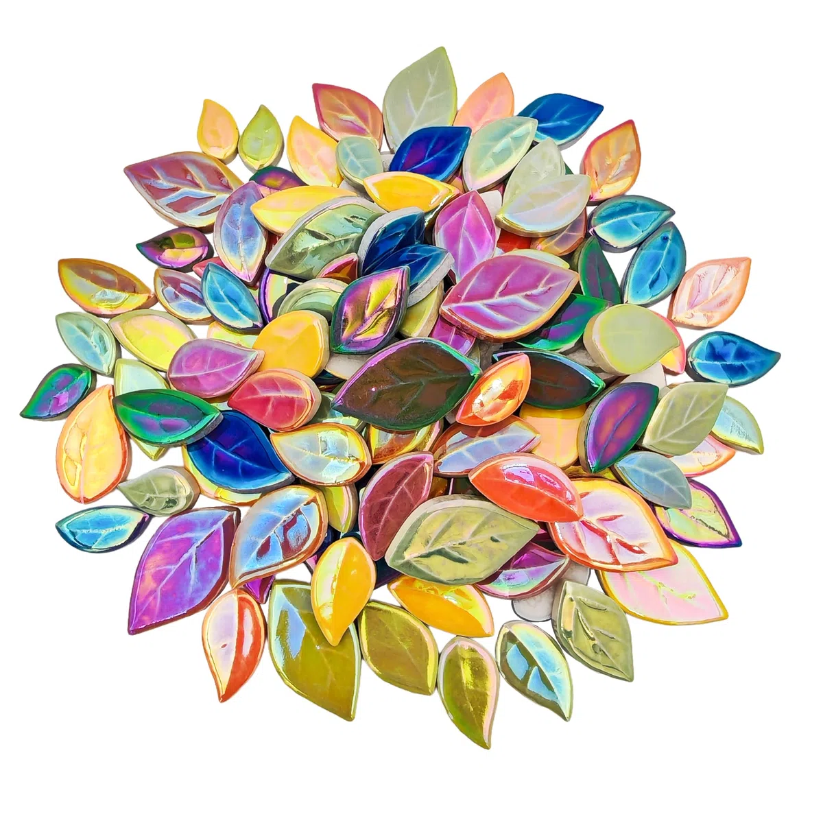 500g/0,5kg Blattförmige Keramik-Mosaikfliesen, Keramik-Mosaikstücke zum Basteln, Mosaikfliesen für Heimdekoration oder DIY-Bastelarbeiten, Mosaikherstellungsbedarf. (Schillernde gemischte Farben)