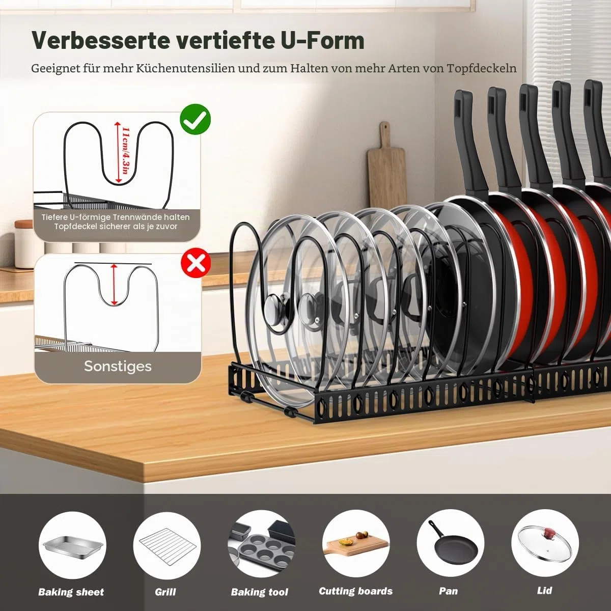Housolution Pfannenhalter für Schublade, Erweiterbarer Topfdeckelhalter mit 14 Verstellbaren Teiler, Topfdeckel Aufbewahrung Pfannen Organizer Deckelhalter für Küche, Schwarz