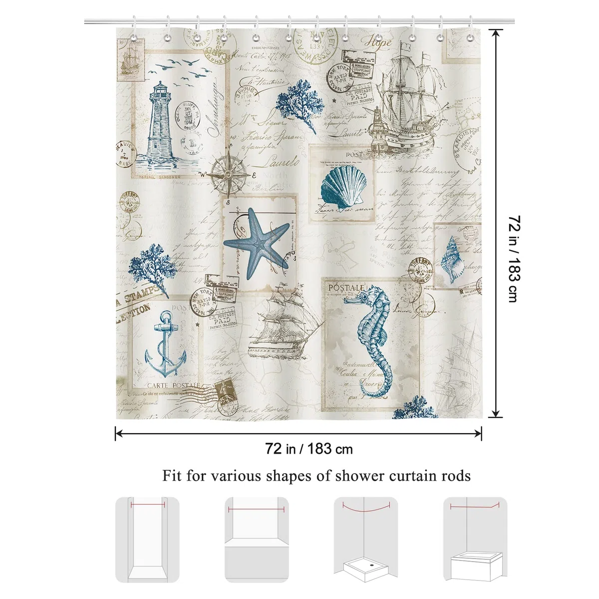 Bonhause Duschvorhang Maritim Nautisch Anker Leuchtturm Segelboot Duschvorhänge 180 x 180 cm Anti-Schimmel Wasserdicht Polyester Stoff Waschbar Bad Vorhäng für Badzimmer mit 12 Haken
