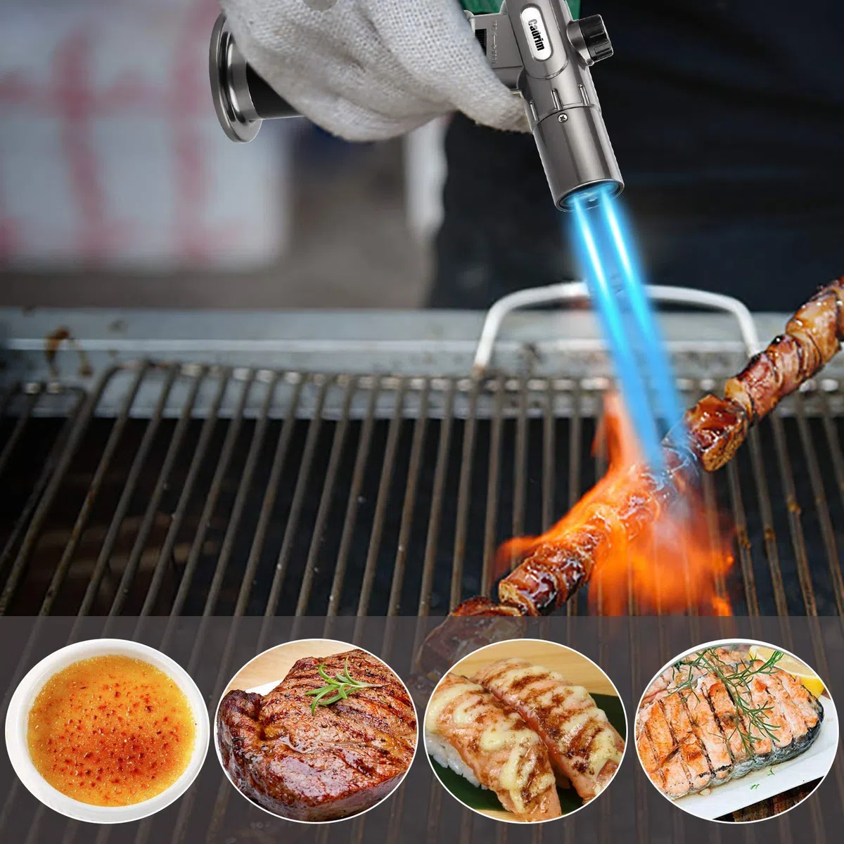 Cadrim Flambierbrenner, Butangasbrenner, Bunsenbrenner, Dual Flammen Küchenbrenne Flambierbrenner Doppelflammen Ideal zum Flambieren Karamelisieren Grillen Flambierer für Desserts, Home Küche, BBQ
