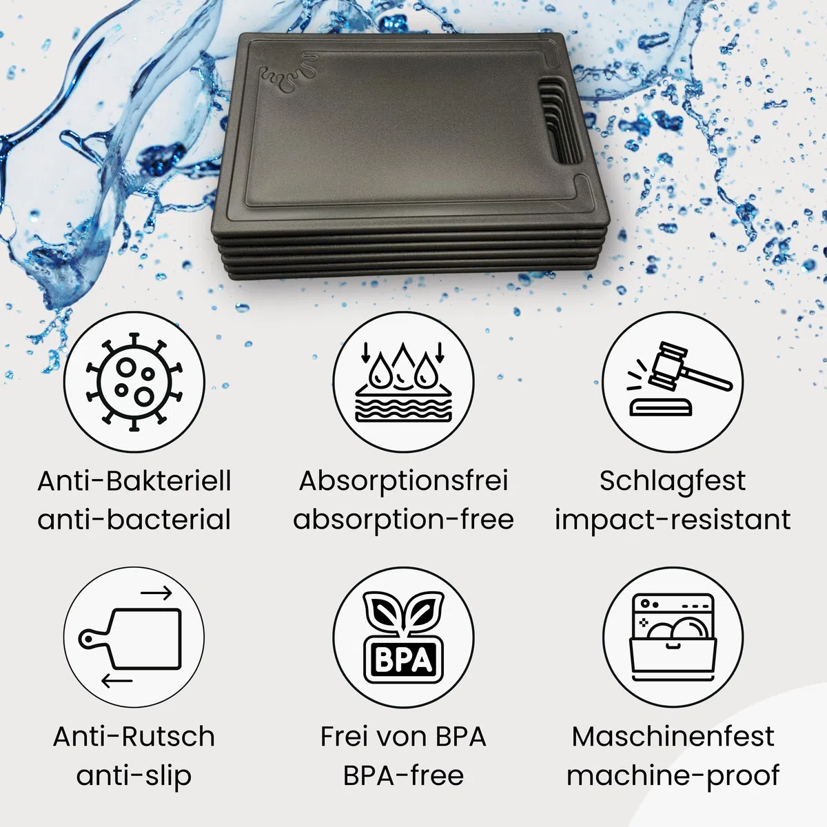 Frühstücksbrettchen aus Kunststoff (6er Set Schwarz - 24,5x16 cm Klein) - Brettchen Spülmaschinenfest - Frühstücksbretter - Kleines Schneidebrett mit Anti-Rutsch und Saftrille - Stullenbretter