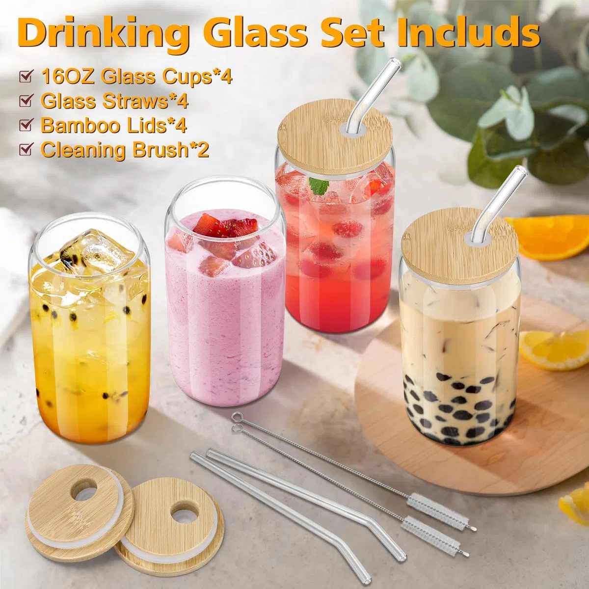 4er Set Glas mit Deckel und Strohhalm, 500ml Trinkgläser mit Deckel, Cocktailgläser Glasbecher,Iced Coffee Glas,Trinkbecher,Ideal für Cappuccino,Eiskaffee,Smoothie,Latte,Limonaden,Geschenk