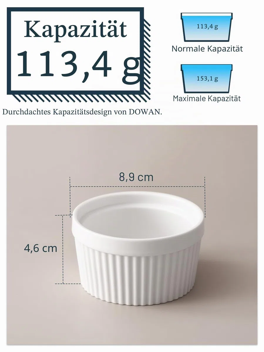 DOWAN Creme Brulee Schälchen, Souffle Förmchen Backofenfest, Ofenfeste Förmchen, Keramik Ramekins für Ragout Fin Schalen, Leckere Würzfleisch, Muffin, Panna Cotta, 120 ml, Soft White