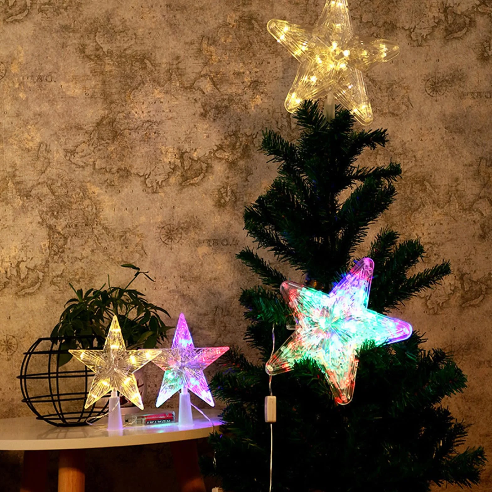 Christbaumschmuck, Weihnachtsbaumspitze mit 10 LED Benötigt Batterien - 23 x 23 cm, Leuchtendes Weihnachtsbaum-Pentagramm, Weihnachtsbaum Stern Spitze Baumspitze (Farbiges Licht, 23 * 23cm)