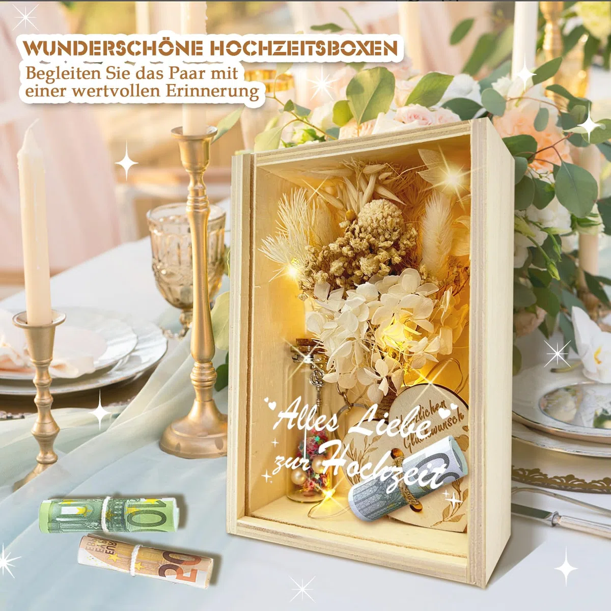 HILKKET Hölzerne Hochzeit Geschenk für Brautpaar, Geldgeschenk Hochzeit mit Ewige Blumen, Holzbox, Kunststoff Reagenzglas, Lichterketten, Wunschflasche, Garn, Hochzeitsgeschenke