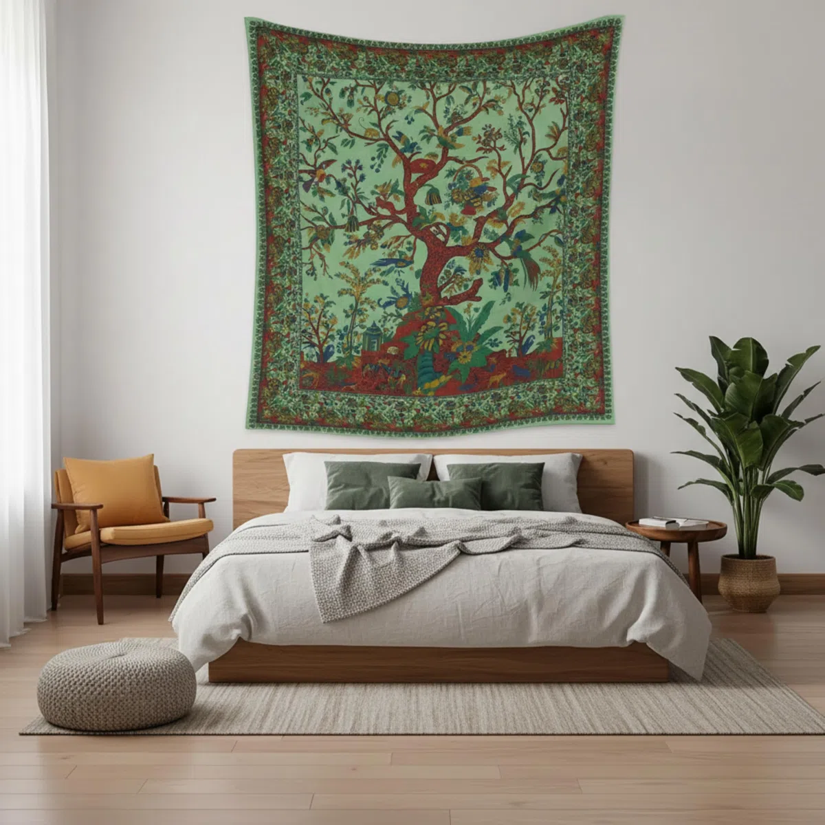 Craft Trade Grün Baum Wandteppich Indische Wandtuch Tapestry Wandbehang Boho Wandteppiche für Heimdeko Wohnzimmer und Schlafzimmer - 127 x 152 cm