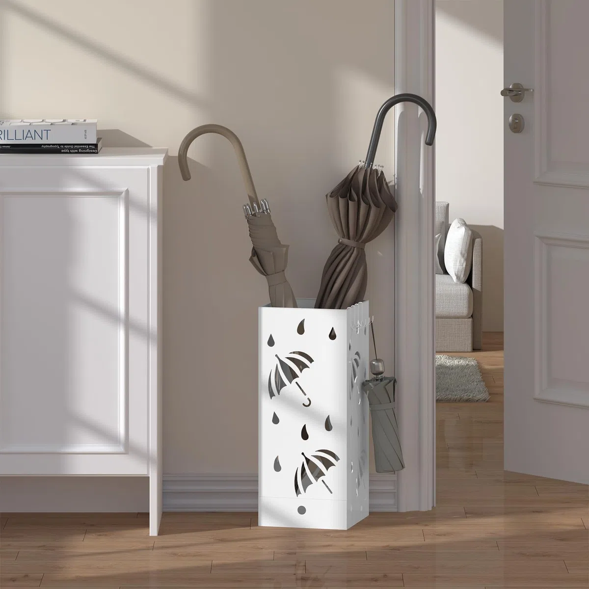 Laneetal Regenschirmständer, quadratischer Schirmständer, Regenschirmhalter aus Metall, mit herausnehmbarer Wasserauffangschale, 4 Haken, Regenschirm-Motiv, 20x49x20cm, Weiß