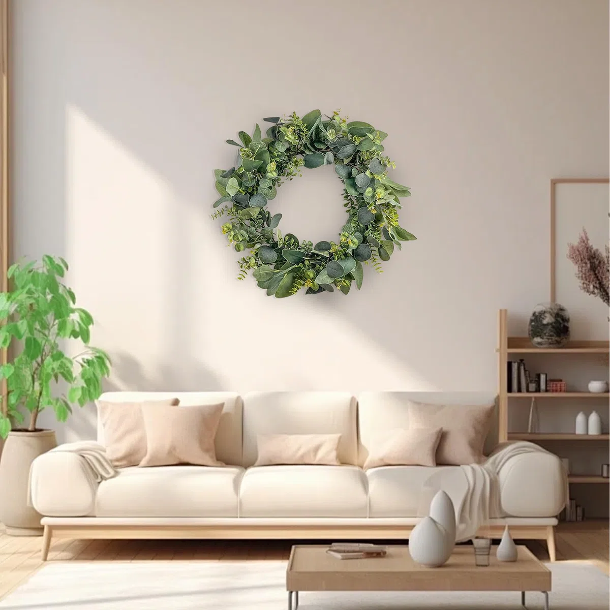 60cm Premium Eukalyptuskranz mit 4 Blattstilen - Luxus Wanddekoration für Haus & Veranstaltungen. Extra voluminös für festlichen Look. Innen/Außen ganzjährig
