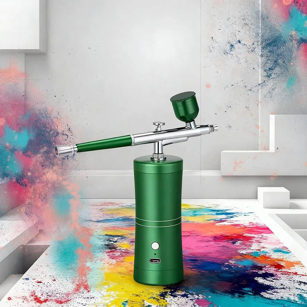 Kabelloses Airbrush Set mit Kompressor – Tragbare Airbrushpistole für Kuchendekoration Nageldesign Make-up Tattoos Modell- und Gesichtsbemalung (Grün)