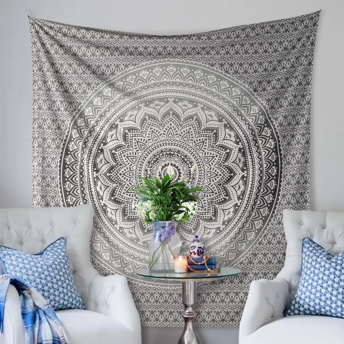 THE ART BOX Indie Wandteppich Baumwolle Mandala Wandbehang Deko Teppich Aesthetic Room Decor Dekoration Wandtuch/Strandtuch Wohnzimmer Indische Tücher Schlafzimmer, Grau und Weiß, 135x210 Cm
