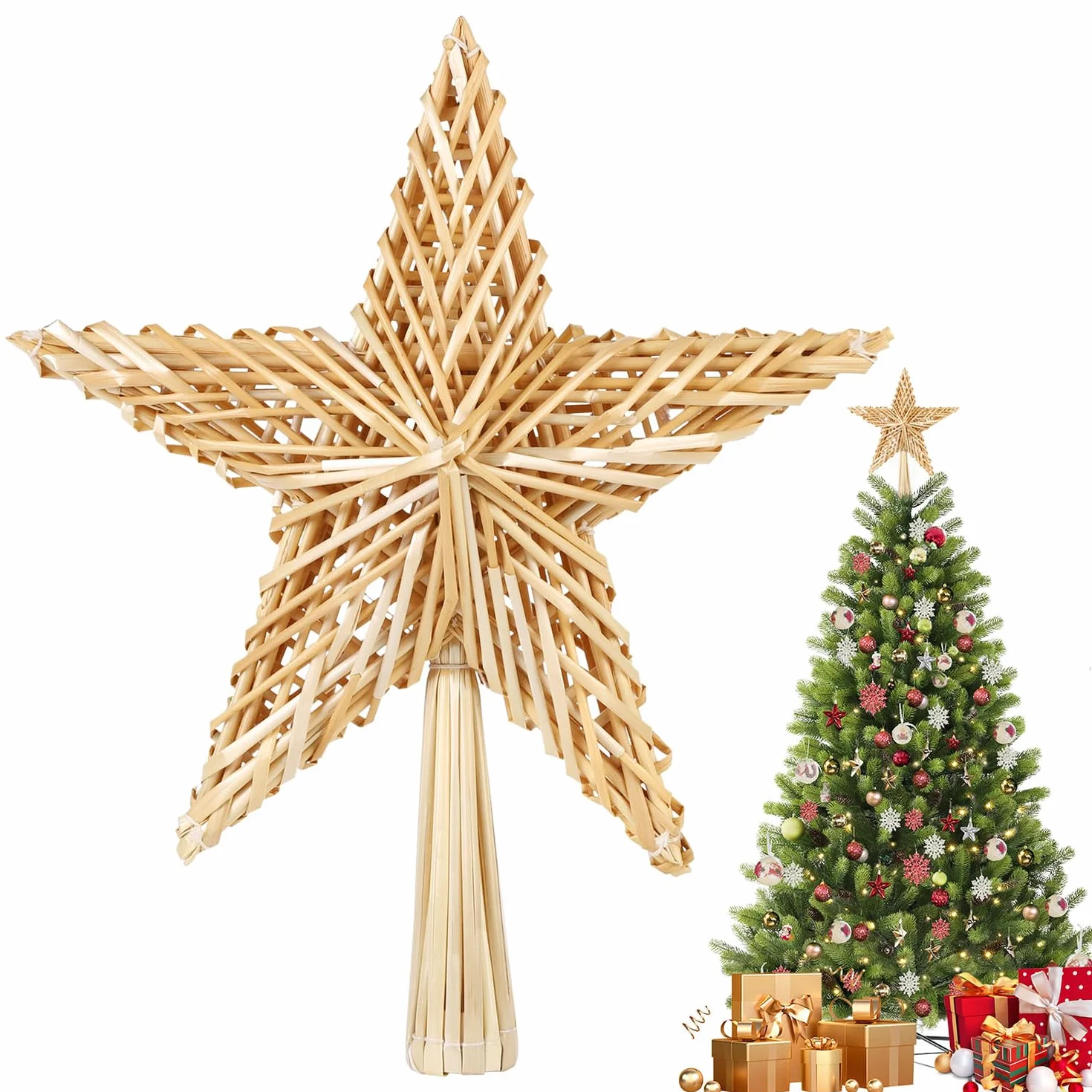 SALCAR Strohsterne 25CM Christbaumspitze Stern aus Stroh, handgemachter natürlicher Schmuck für Christbäume