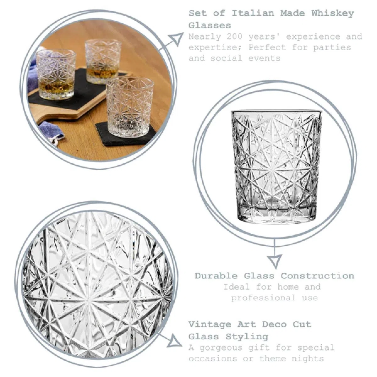Bormioli Rocco Lounge DOF Glas, 4er-Set, 382 ml, transparent, für Whiskey, Bourbon, Saft und Wasser, hergestellt in Italien.