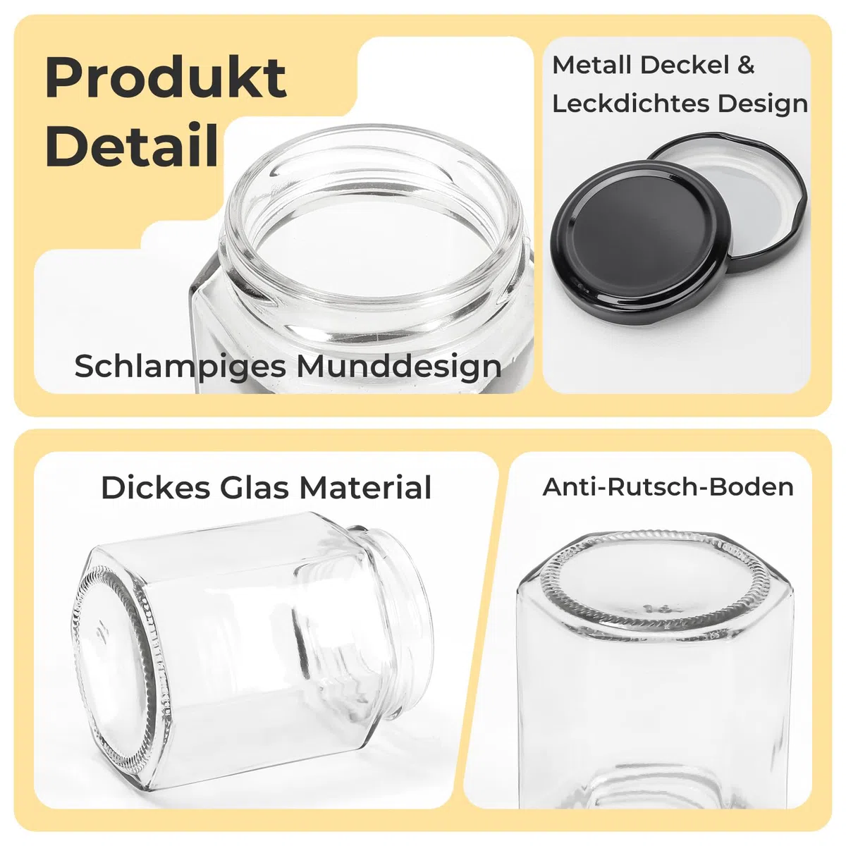 270 ml Sechseckige Gläser mit Schwarzem Deckel, 12 Pack 9 oz luftdicht Einmachgläser, Lebensmittel Lagerung Gläser für Gewürz, Marmelade, Honig, Joghurt, mit 40 Aufkleber,1 Stift