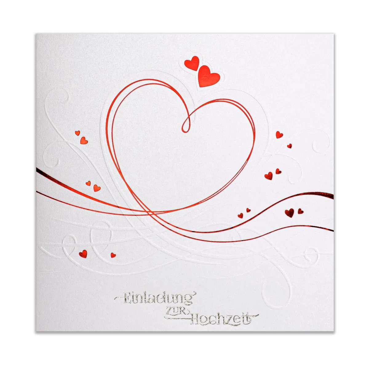 HOCHZEITSEINLADUNGEN - SATZ 20 St, 135x135mm MIT BEDRUCKBAREN EINLAGEN UND UMSCHLÄGEN FÜR HOCHZEIT – ROTE FOLIE, GEPRESSTES MUSTER AUF METALLICPAPIER, ZAP_DE_07