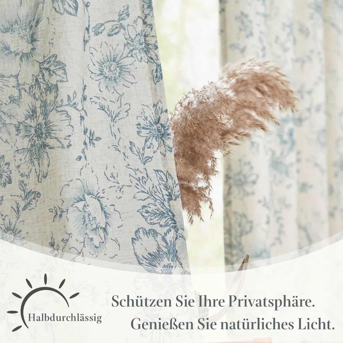 TOPICK Leinen Gardinen Floral Vorhänge mit verdeckten Schlaufen Lichtdurchlässig Bauernhaus Lang Gardinen Fensterschal für Wohnzimmer Schlafzimmer Fenster,2er Set 140 B x 175 H (cm),Blau auf Beige
