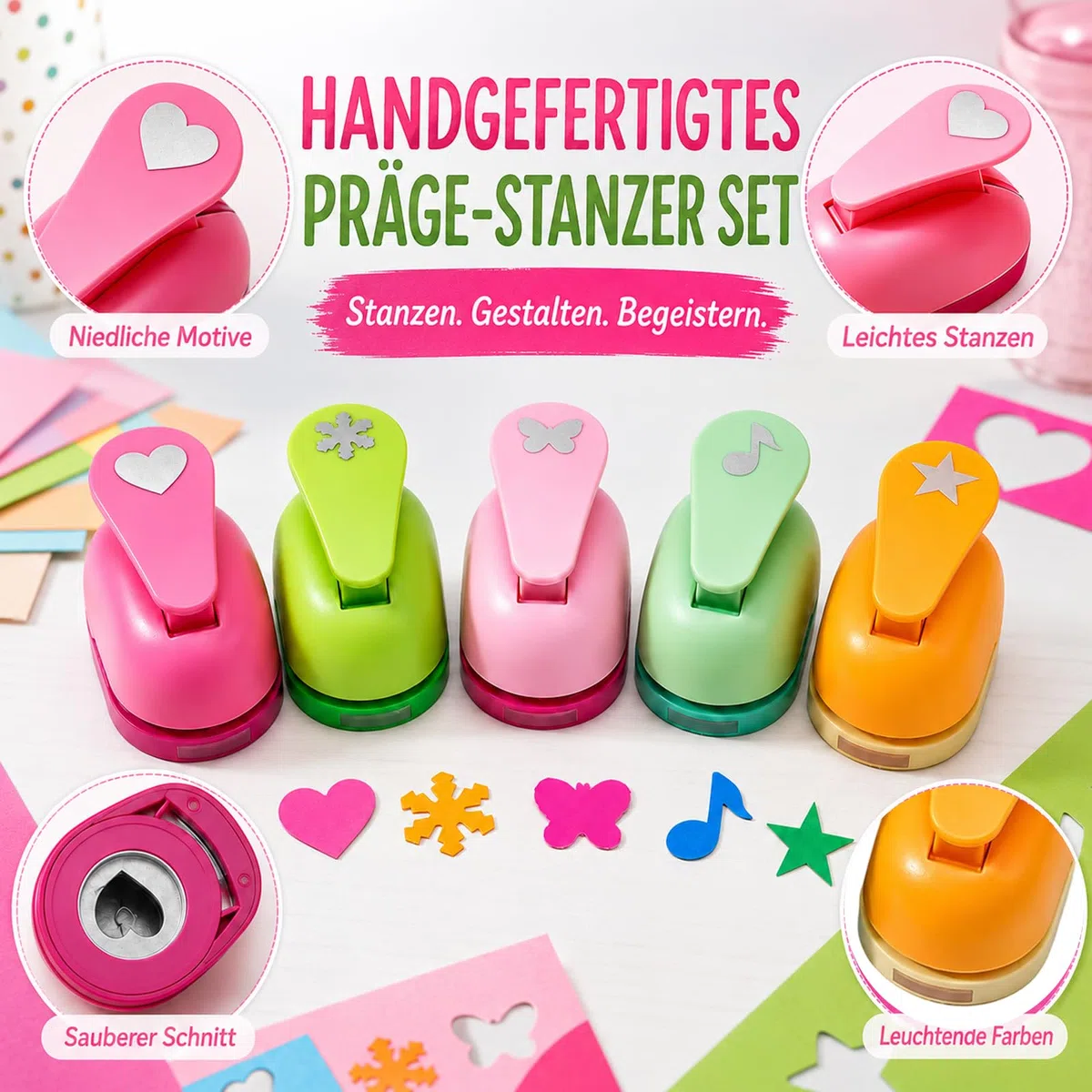 5 Motivstanzer Bastellocher, Schmetterling Herz Schneeflocke Stern Note, Stanzer Kinder Formenlocher Set Für Diy Kartenherstellung