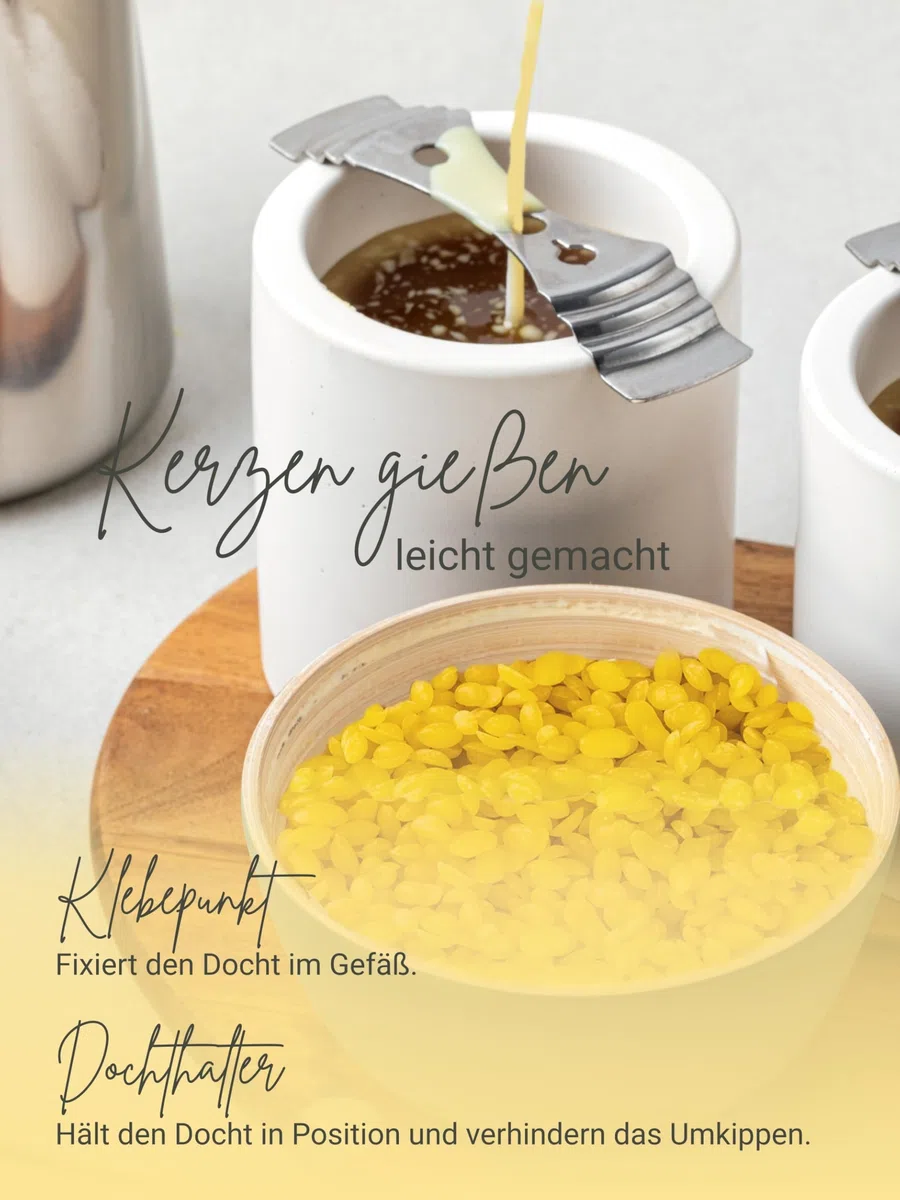 Bienenwachs-Docht aus Hanf – 100 Paraffinfreie Kerzendochte gewachst, Flachdocht 10 cm+1 lang, 3 mm breit, für Kerzen von 4-7,5 cm Duchmesser, mit Dochthalter & Klebepunkten, Kerzen selber Machen