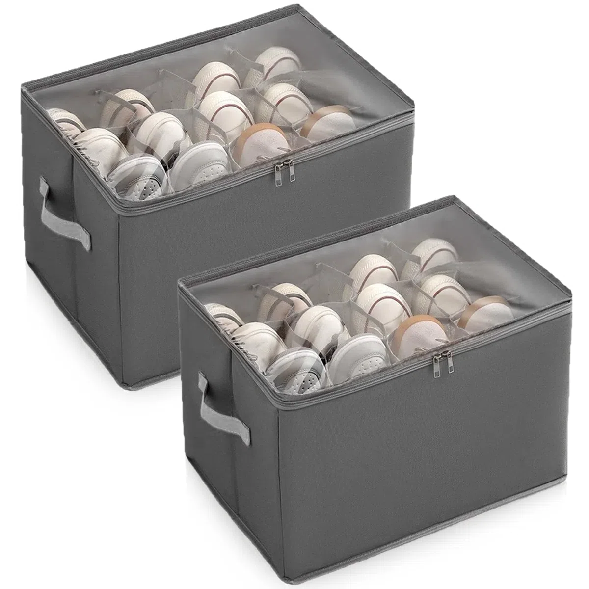 Schuhorganizer Schrank, 2 Stück Schuhaufbewahrung Platzsparend, Großer Faltbar Stoff Schuhboxen Stapelbar Schuh Organizer mit Griff Passt 12 Paare, 43x32x30CM