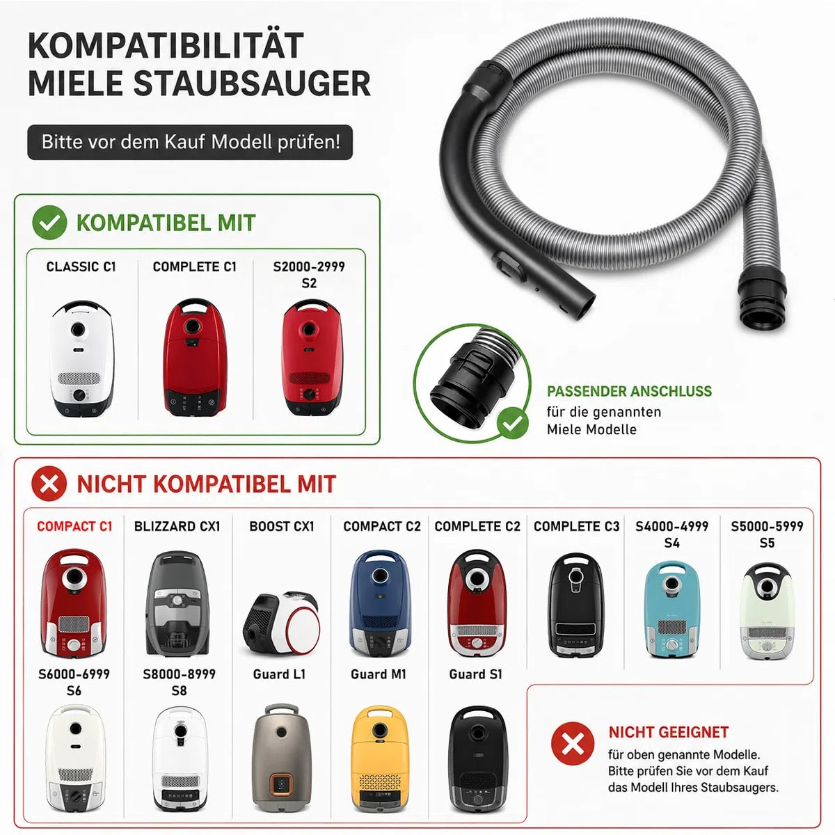 PRIMEBAG - Saugschlauch kompatibel mit Miele Classic C1, Complete C1 Serie (Tango, Ecoline, Ecoline Plus) - Staubsaugerschlauch inkl. Handgriff für Bestleistung beim Saugen