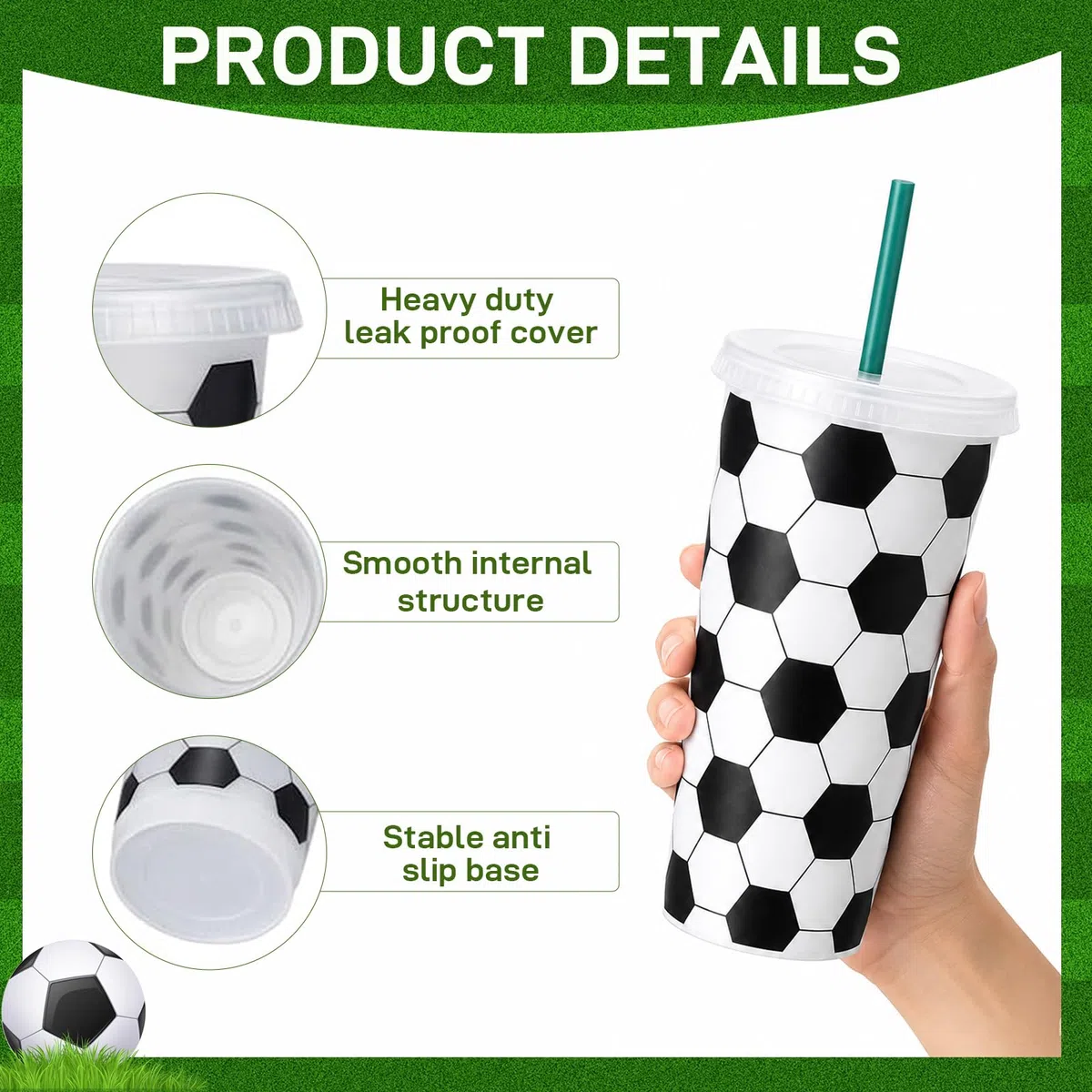 MeYuxg 12er-Set Fußball Becher, 701ML Fußball Tasse mit Deckel und Strohhalm Wiederverwendbare Schwarz-Weiß, für Bier, Water und Getränke, Fussball Sportball Party Tumbler